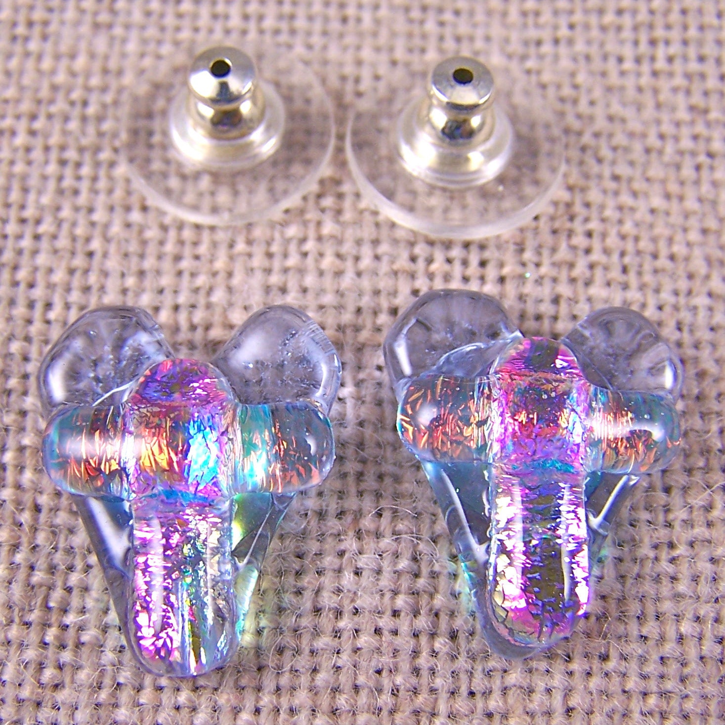 Cross in Heart Dichroic Fused Glass Post Earring- Lavender with Opal Pink & Peach Orange Layers - 1/2" 12mm