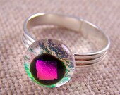 Tiny Adjustable Glass Ring - 1/4"  7mm - Magenta Pink Fuchsia Dot over Clear Opal Pink