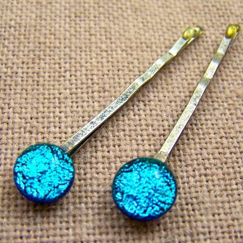 Bobby Pins (Set of 2) Dichroic Silver Teal Turquoise Aqua Blue Fused Glass - 6mm 7mm 1/4" Nuggets