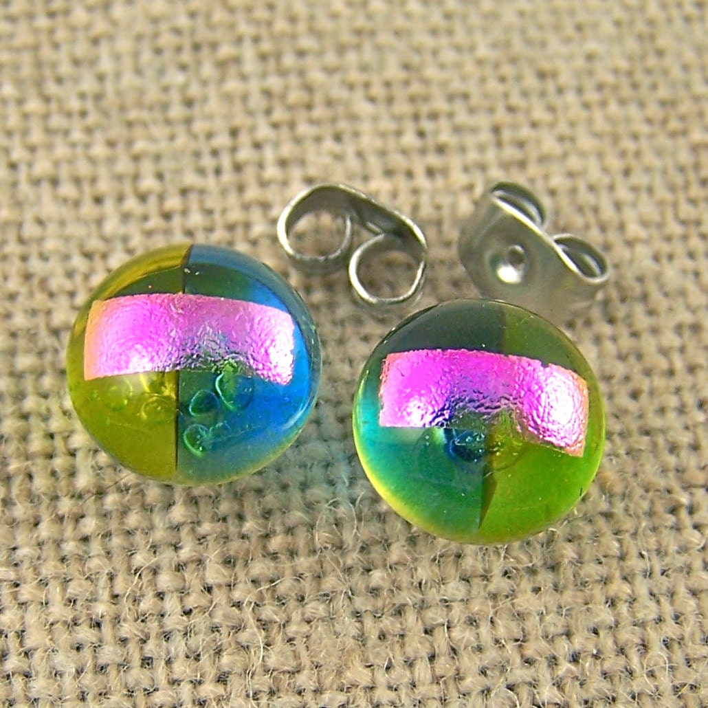 Tiny Dichroic Post Stud Earrings - 1/4" 7mm 8mm - Lime Green Pink Marine Blue - Rock Drop Candy Studs Dots