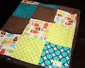 Baby Blanket Little Hoots patchwork in Brown,Green and teal