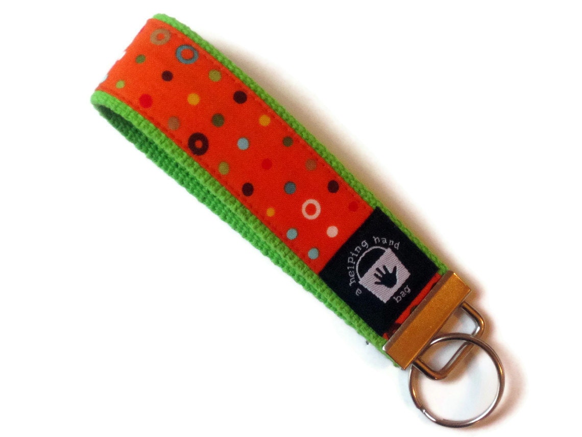 Key Fob, Key Chain, Wristlet, Orange Dots on Lime Green, Coordinates with Cabana Stripe and Dandelions, SALE SALE SALE