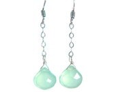 Seafoam green chalcedony summer sterling silver drop chain dangly earrings.