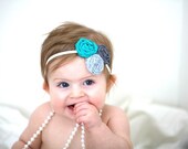 Spring Rosette Stretch Headband in Teal,Grey, and Charcoal