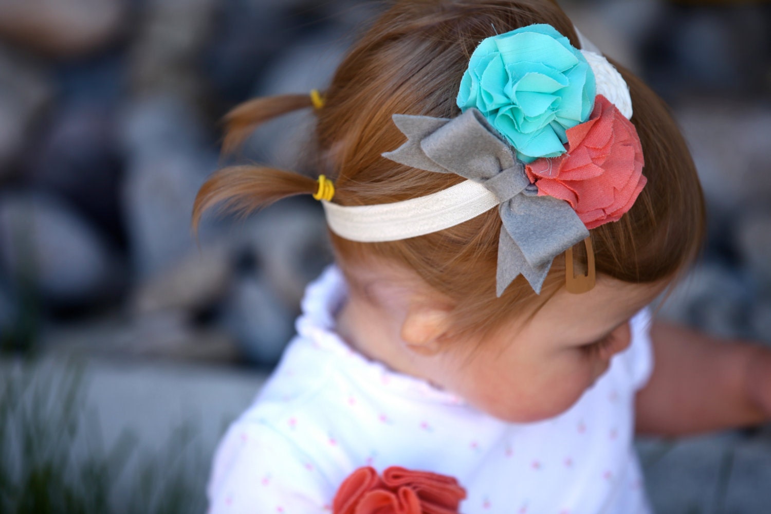 Ingrid Flowers,Rosette, and Bow Headband in Burnt Coral, Spearmint, Grey, and Ivory All Sizes