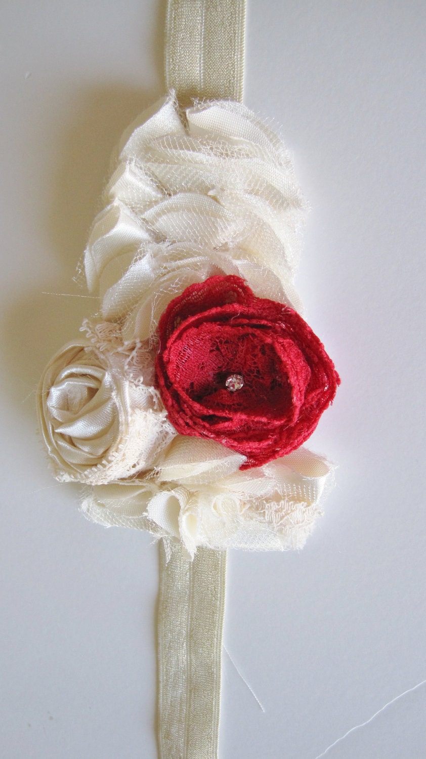 Vintage Ivory, Red Lace and Silk Flower Headband for Special Occasions