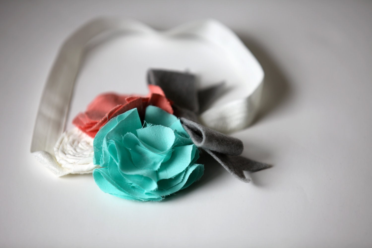 Ingrid Flowers,Rosette, and Bow Headband in Burnt Coral, Spearmint, Grey, and Ivory All Sizes