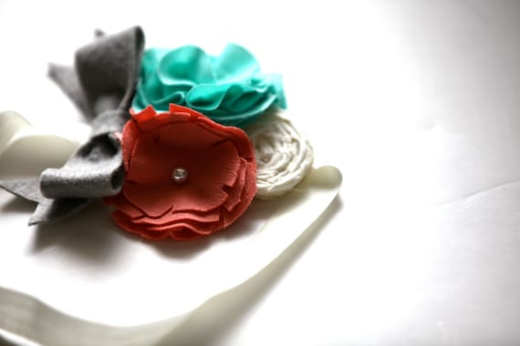 Ingrid Flowers,Rosette, and Bow Headband in Burnt Coral, Spearmint, Grey, and Ivory All Sizes