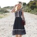 VTG 70s Black Floral Hippie Boho Sun Dress w/ Lace Trim S/M