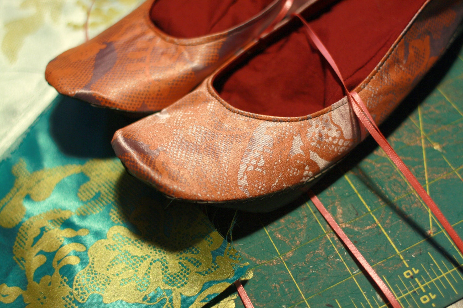 Size 8.5 Ready to Ship: Round Toe Satin Shoes, Lilac with Orange Lace Print, Recycled Rubber Soles