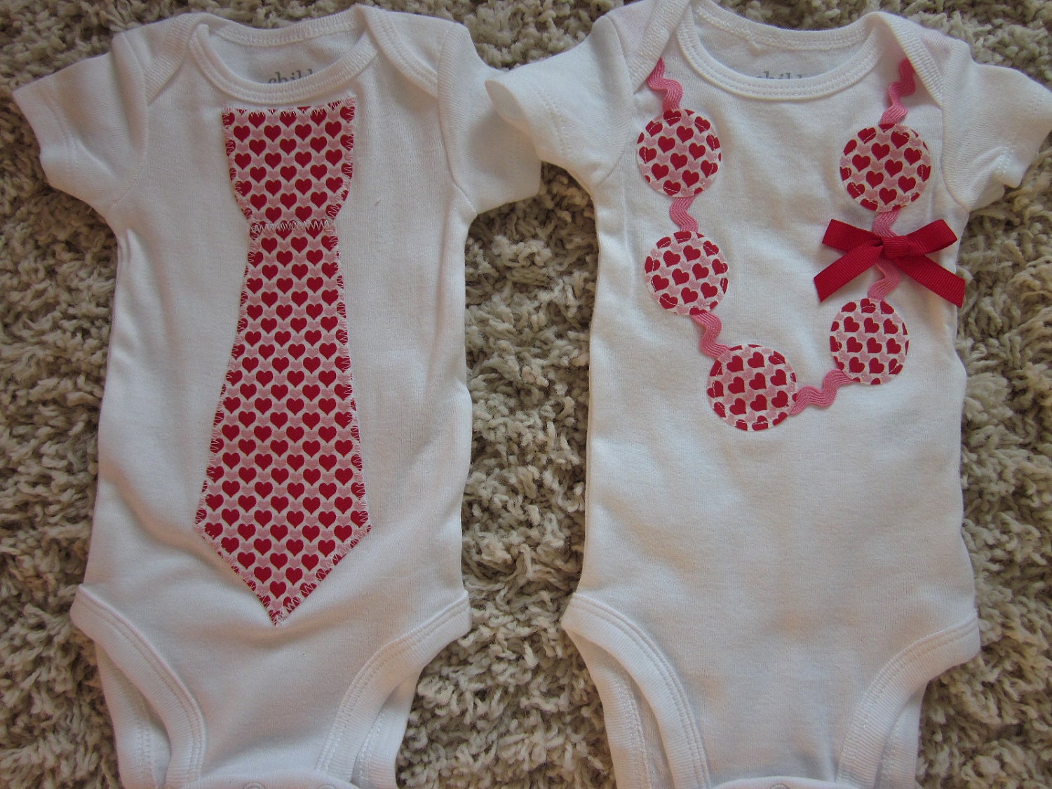 Valentines brother and sister combo, applique tie and applique necklace onesie (long or short sleeved available)