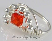 Wire Wrapped Ring Sterling Silver Swarovski Fire Opal Crystal Galaxy