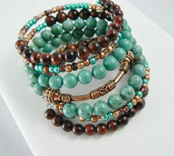 Turquoise Stacking Bracelet Beaded with Copper and Red Tigers Eye