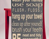 Bathroom Rules Subway Art Typography Word Art Handpainted Wooden Sign - Your Choice of Color