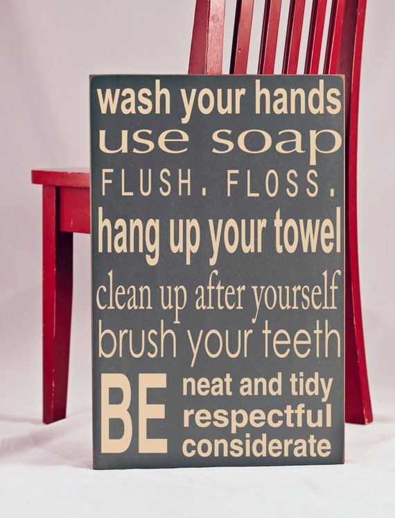 Bathroom Rules Subway Art Typography Word Art Handpainted Wooden Sign - Your Choice of Color