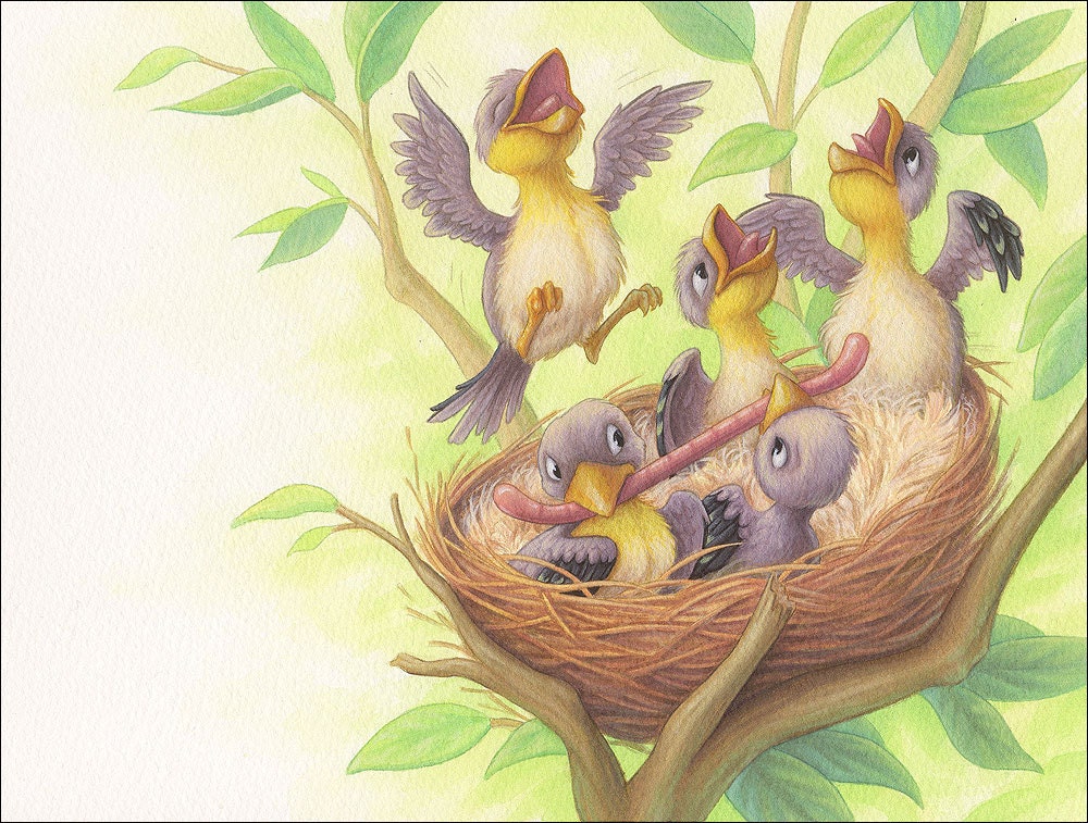 Goldfinch Baby Birds - Original Acrylic Illustration