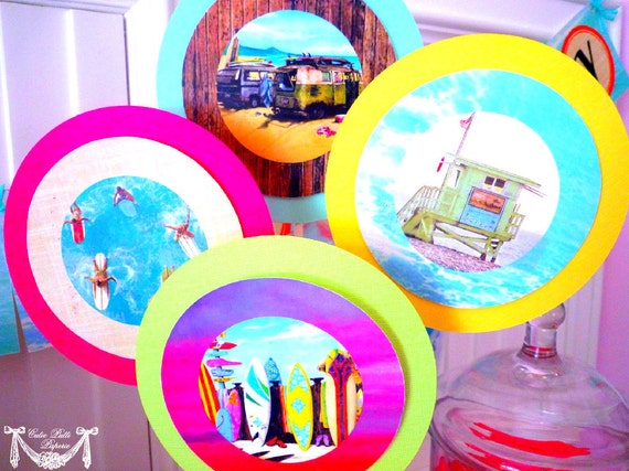 Retro Surf's Up Party, Surfer Party, Pool Party - 4inch PRINTABLE THEMED Party CIRCLES - Cutie Putti Paperie Il_570xn