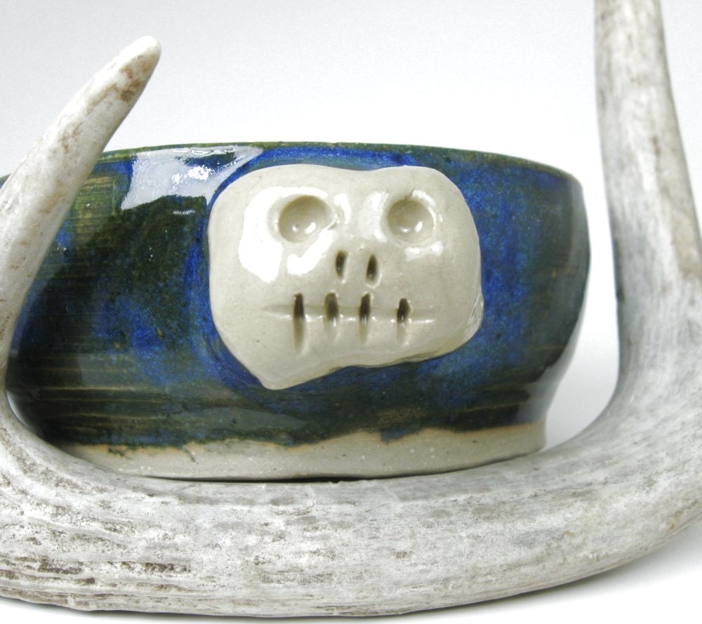 Small Skull Shaving Mug Blue and Albany Sea Foam Brown Hand Thrown Gothic Pottery