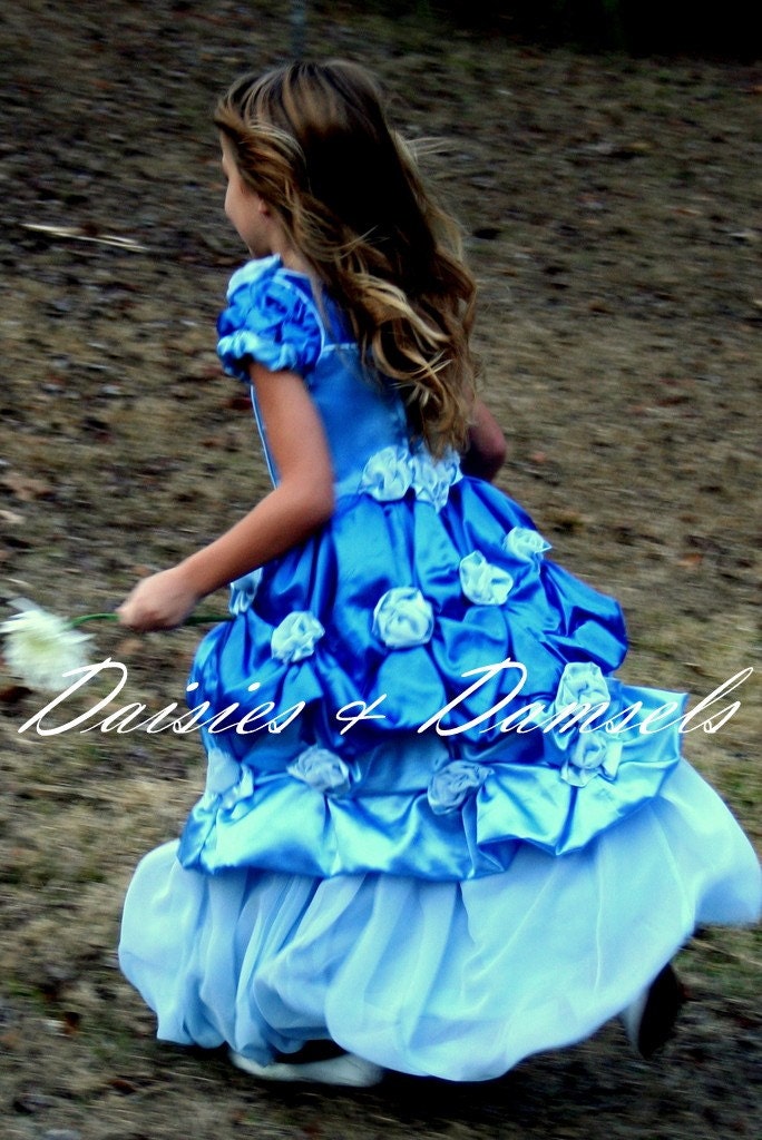 Flower girl dresses, blue satin with chiffon rosettes, all sizes