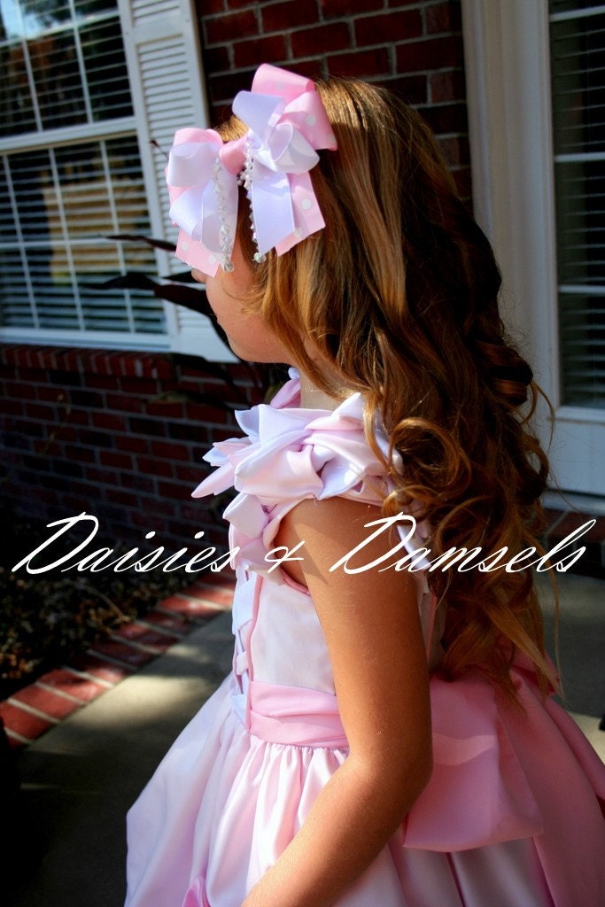 Flower girl dress, Custom made pink white cascading petals ,pageant dress gown all sizes 1,2,3,4,5,6,7,8,9,10,