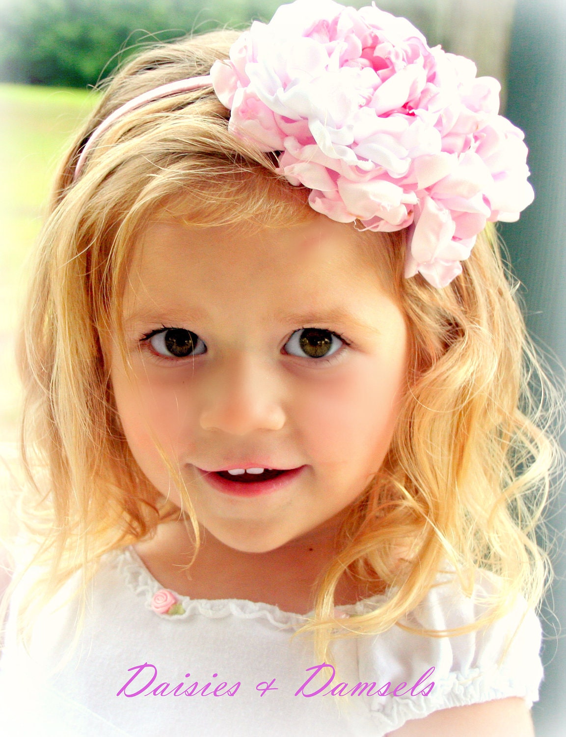 Double blooming large peony flower girls headband 2 shades of pink, & white