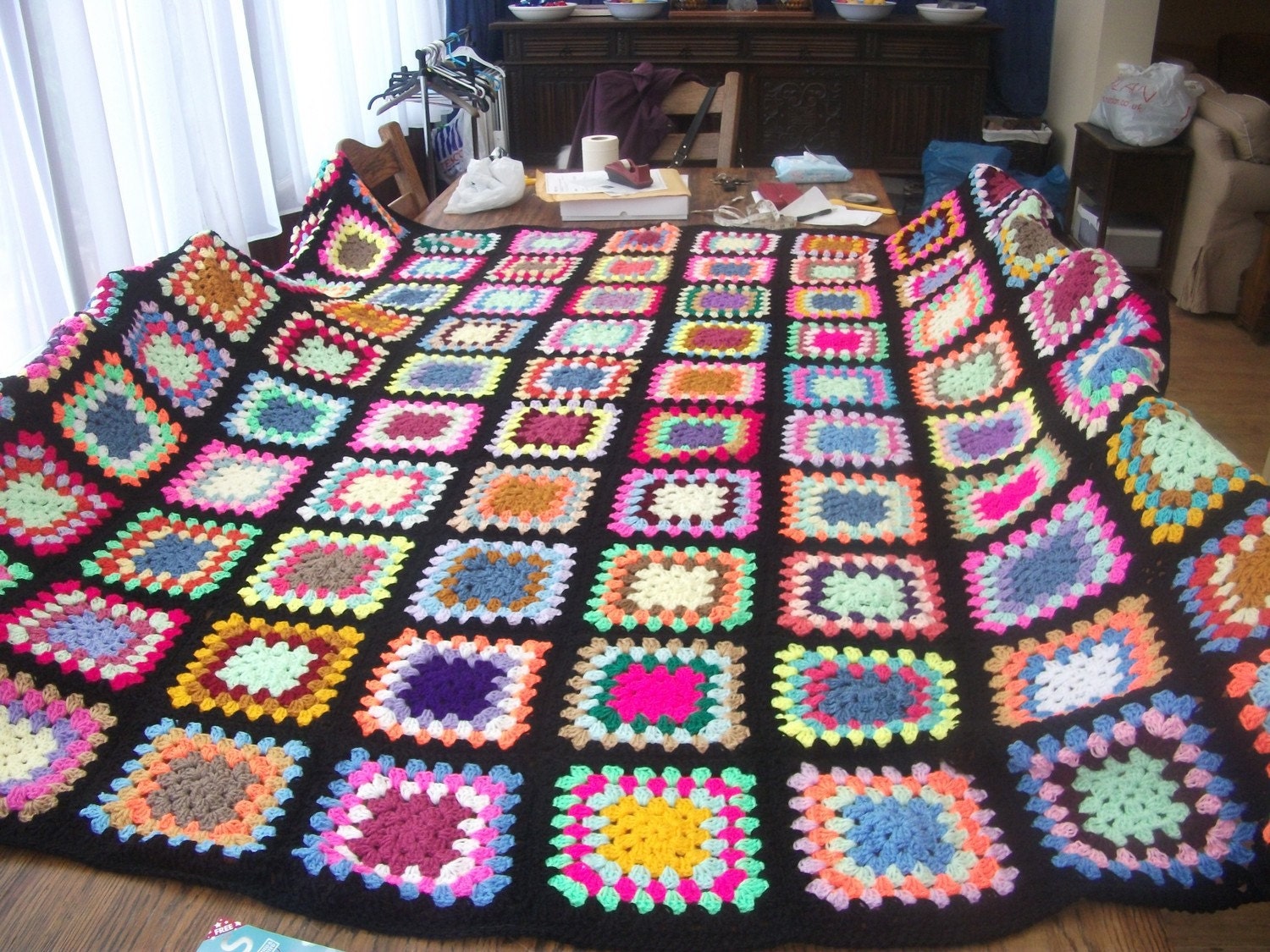 Crochet Blanket Handmade - Made in tradition granny multi colour style with black border CUDDLE BLANKET (nannycheryl original) 688