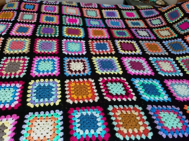 Crochet Blanket Handmade -  Made in tradition granny multi colour style with black border CUDDLE BLANKET (nannycheryl original) ID 782