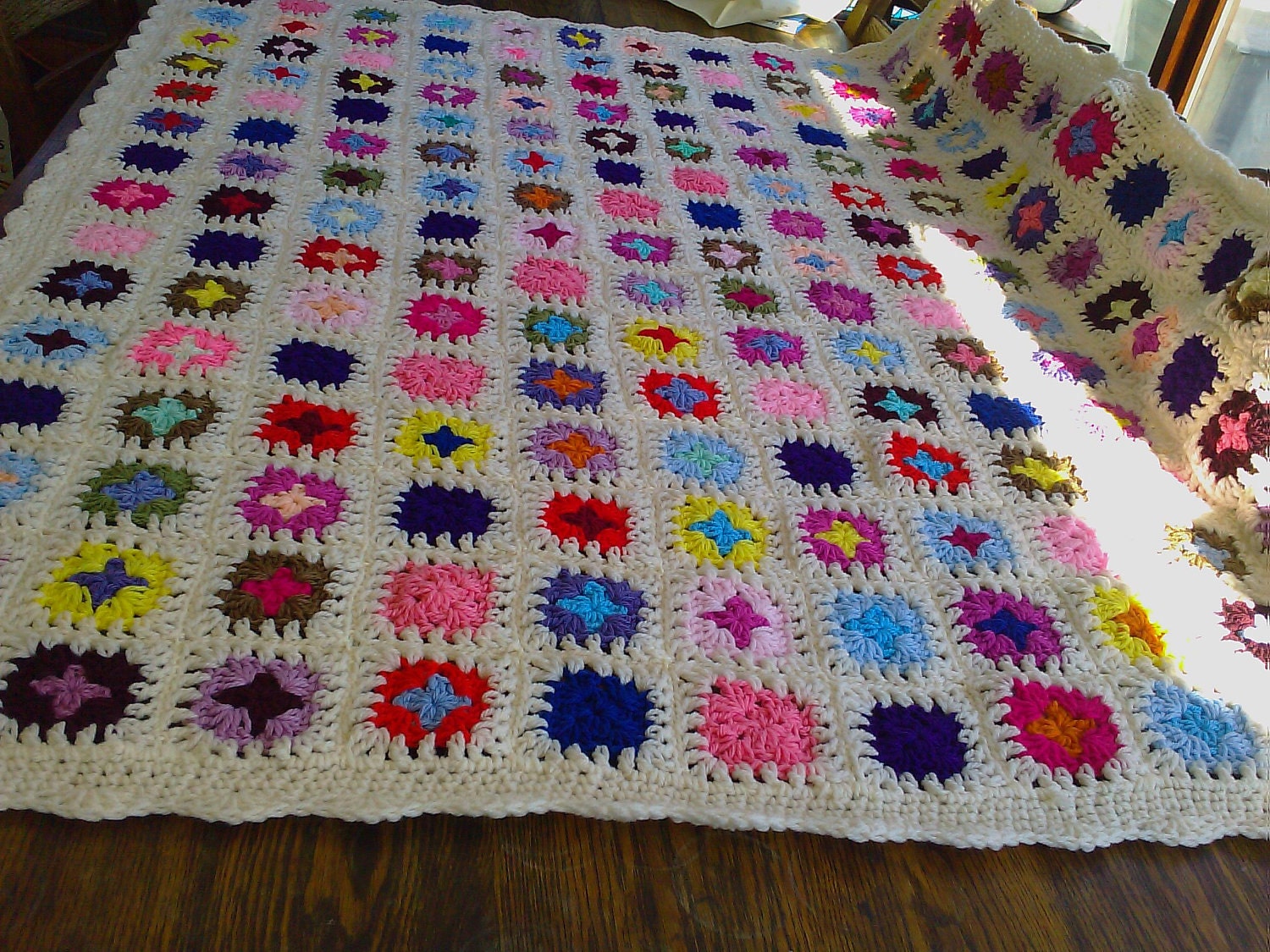 Handmade chunky crochet blanket -  Made in tradition granny type multi colour style with cream border (nannycheryl original) ID  783