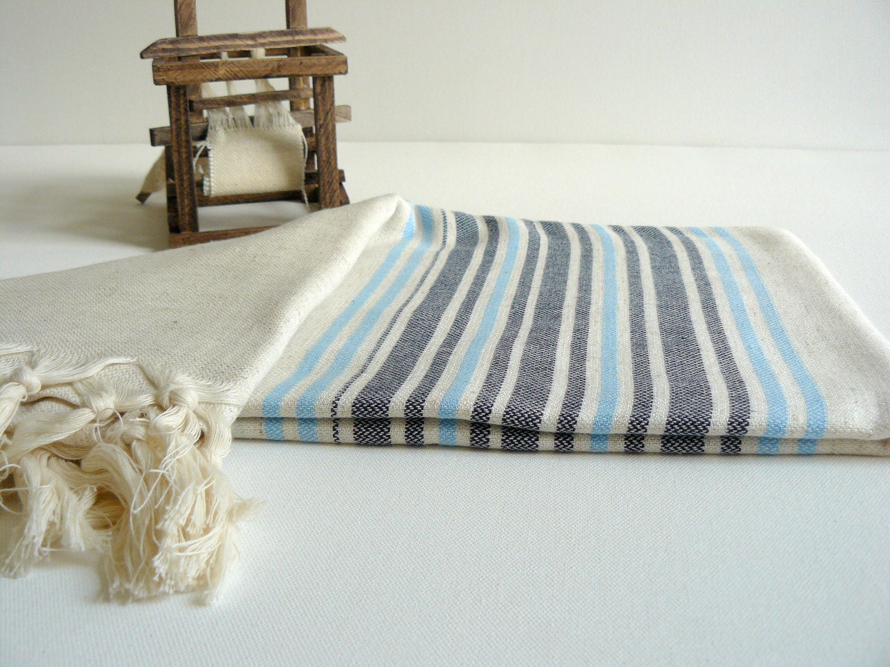 TurKish BaTh ToWel - HitTite Peshtemal -  Natural Linen - Black - Blue Stripes- Pure Soft -