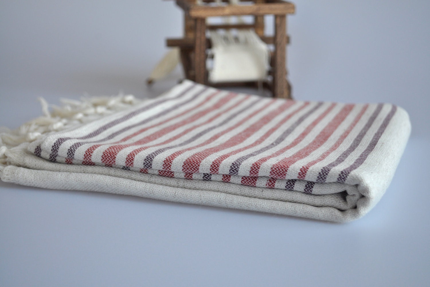 Turkish Bath Towel - HitTite Peshtemal -  Natural Linen - Dark Red- Burgundy Stripes