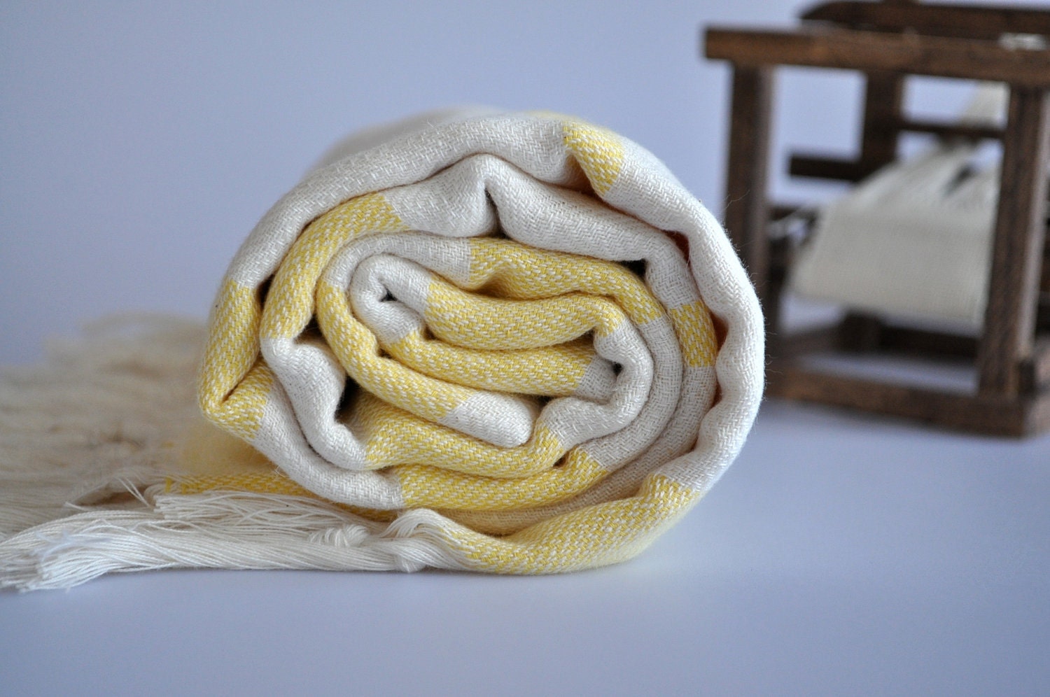 Handwoven Linen Peshtemal -Turkish bath towel - Bohemian   - Ivory - Natural Linen Yellow Stripes