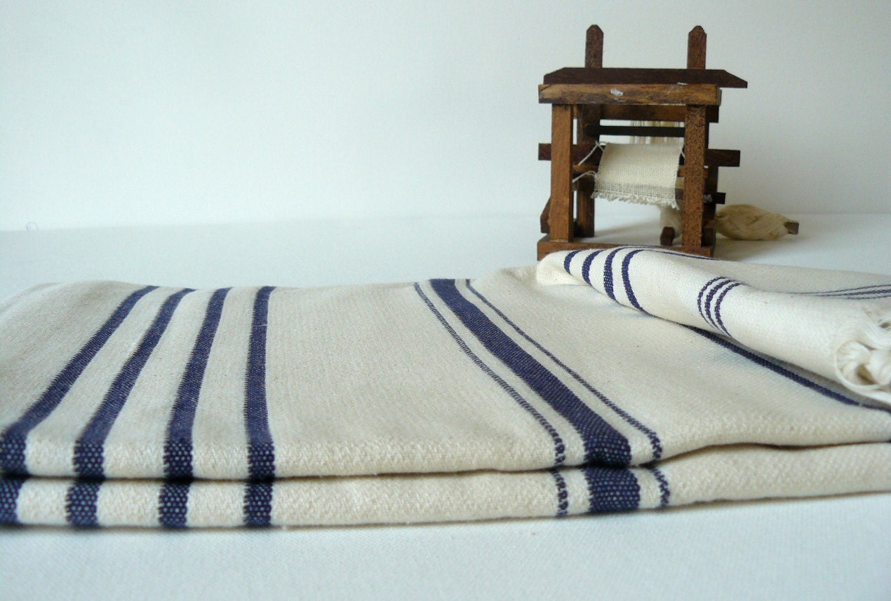 Handwoven Turkish BaTh ToWel - AeGean Soft Peshtemal - Ivory - Dark Blue Stripes