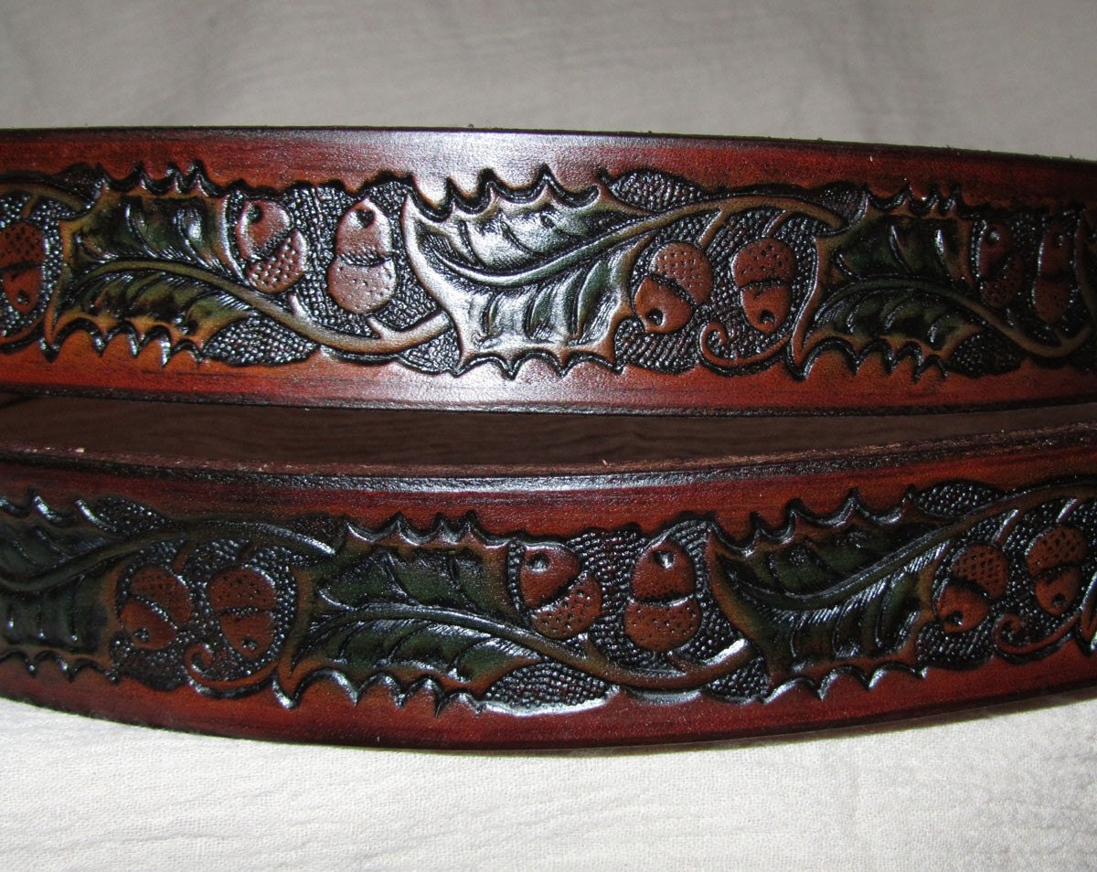 Handmade Leather Belt, Acorns and Leaves, Brown and Green, USA Made