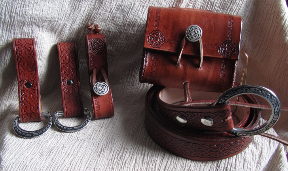 Medieval Reenactment Celtic Circle Package, Pouch, Leather Belt, Skirt Chasers, and Mug Strap