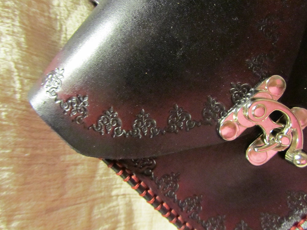 Medieval Leather Belt Pouch Black and Red Victorian Stamp, SCA, LARP