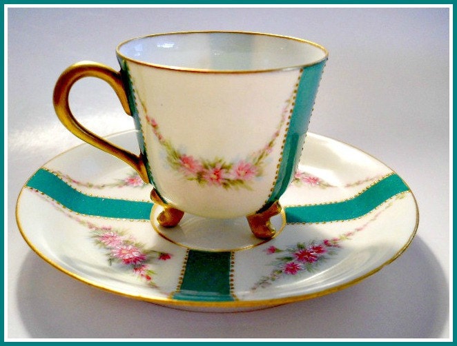 LIMOGES Cabinet Cup & Saucer Hand Painted French Porcelain Roses