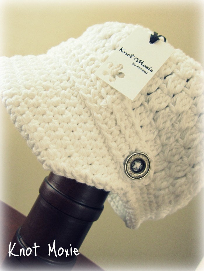 Button Up Newsboy Hat with Visor Brim- Cotton Made to Order white