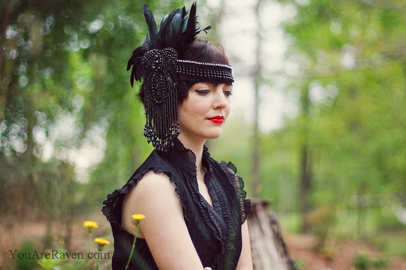 Black Feather Headdress Flapper Style Beaded Swarovski Crystals - Dark Queen (Made to Order)