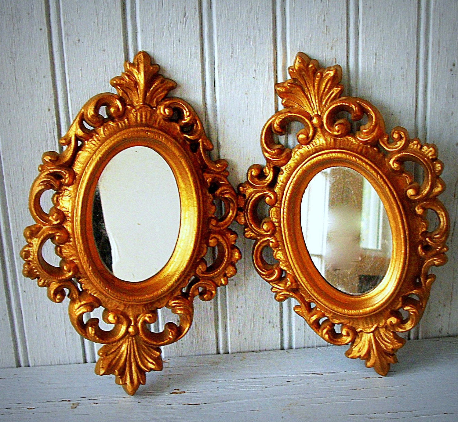 Vintage Pair of Golden Hollywood Regency Ornate Mirrors by Burwood Products