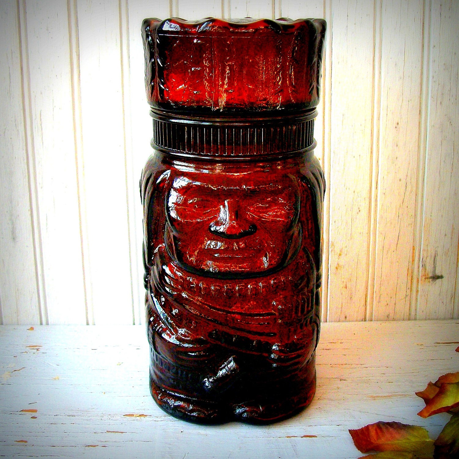 Vintage Mid Century American Indian Brown Glass Apothecary Jar/Humidor