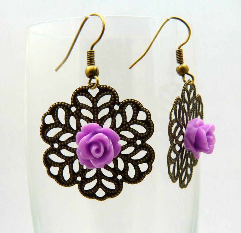 Purple & Antique Brass Filigree Earrings