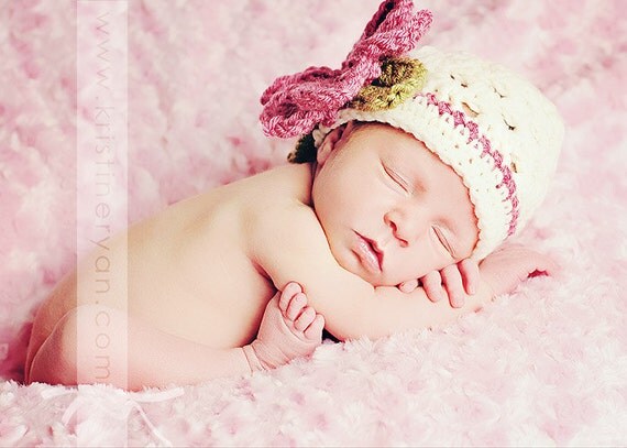 The Sofia Flower Beanie in Dark Rose, Ecru and Olive Green Available in Newborn to Tween Size- MADE TO ORDER