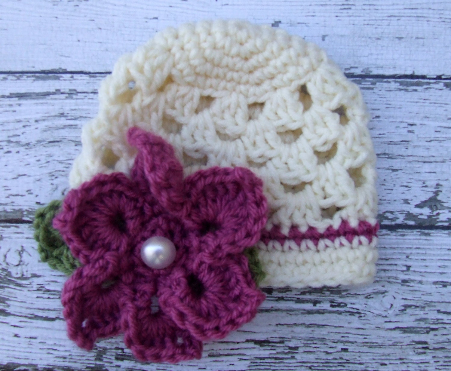 The Sofia Flower Beanie in Dark Rose, Ecru and Olive Green Available in Newborn to Tween Size- MADE TO ORDER
