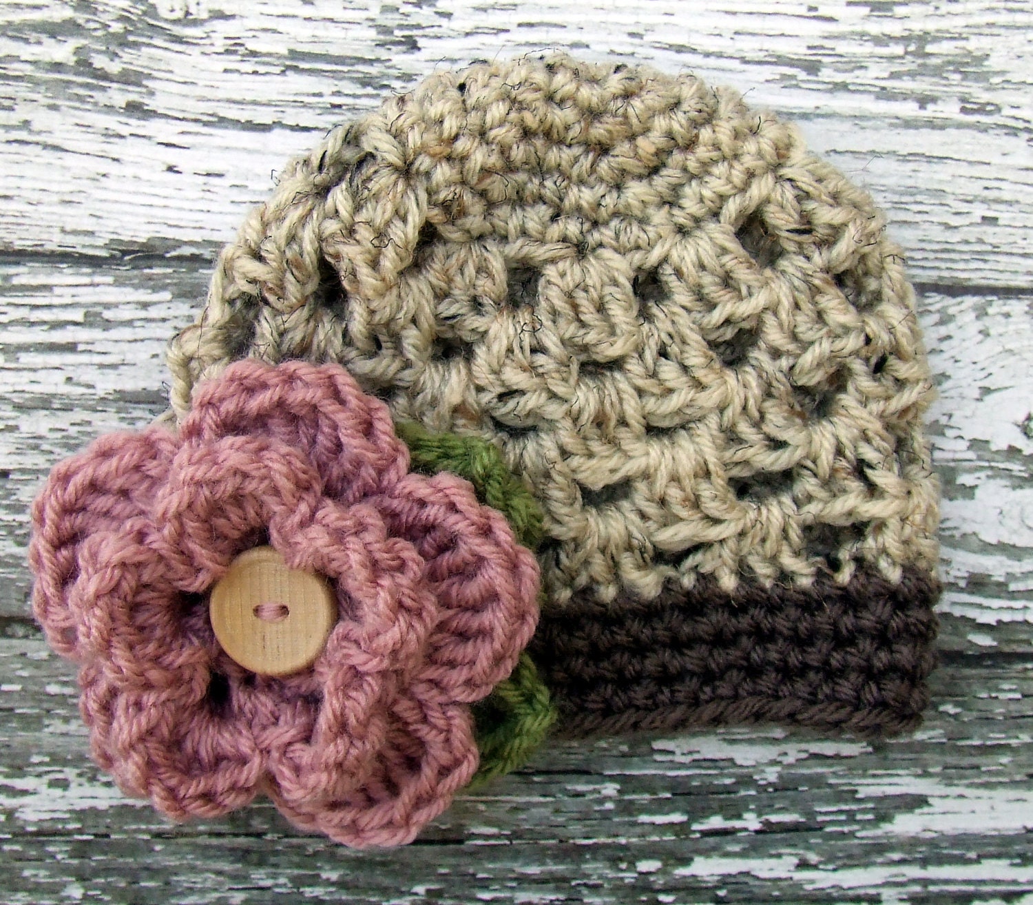 The Sofia Flower Beanie in Oatmeal, Dusty Pink, Taupe and Green with Matching Leg Warmers in Newborn to 24 Months Size- MADE TO ORDER