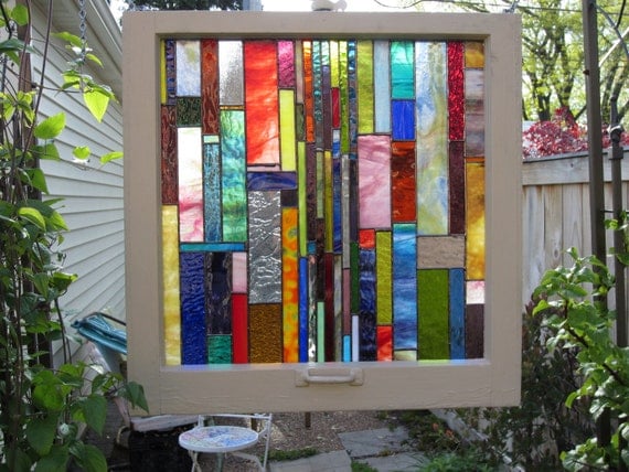 Antique and Repurposed Chicago Bungalow Window with NEW handmade Stained Glass Suncatcher