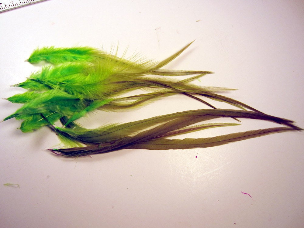 12 long feather extensions 6 to 10 inches lime green reduced hair feathers
