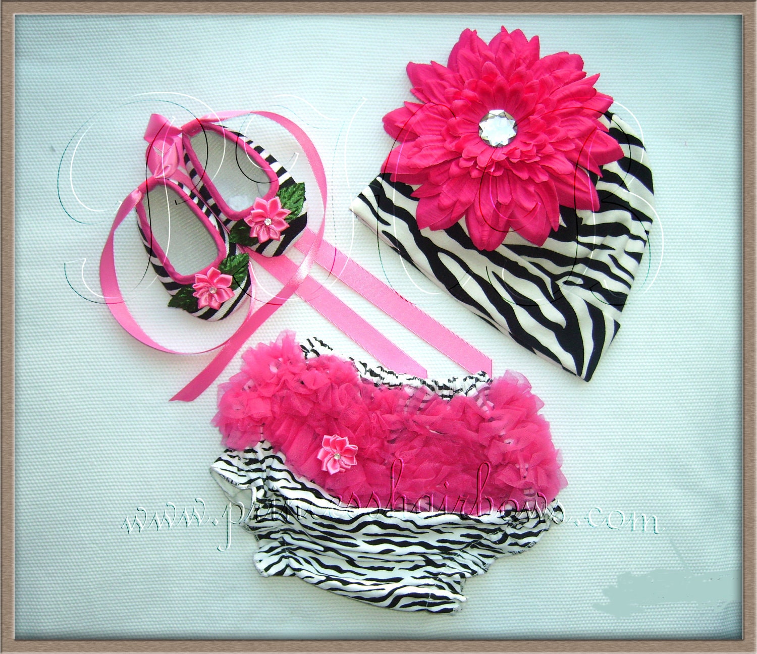 Baby Zebra/Hot Pink Ballerina Crib shoes, Bloomer and Beanie Hat Set 0-6 mo, 6-12mo, 12-2T Baby Shower Gift