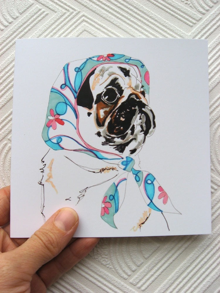 Pug In Pucci - Square blank greetings card