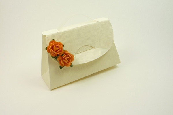 Ivory Wedding Favor Box Purse Shaped With Orange Roses- Ideal for all your female wedding guests, hen parties, bridesmaids gift