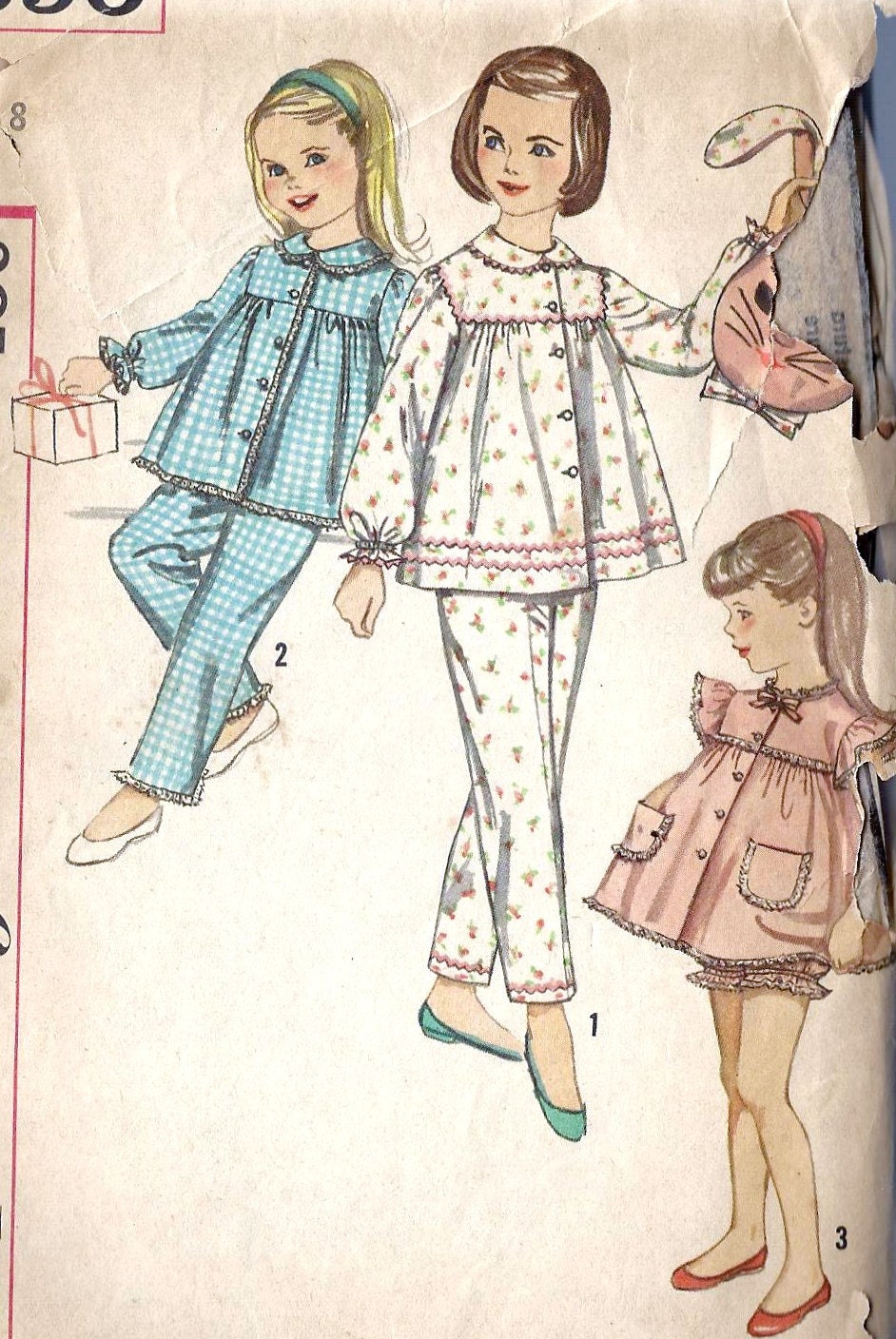 1950s Girls' Pajama Set with Bloomers and Bunny Pillow Pajama Case Vintage Sewing Pattern Simplicity 3690 Size 8